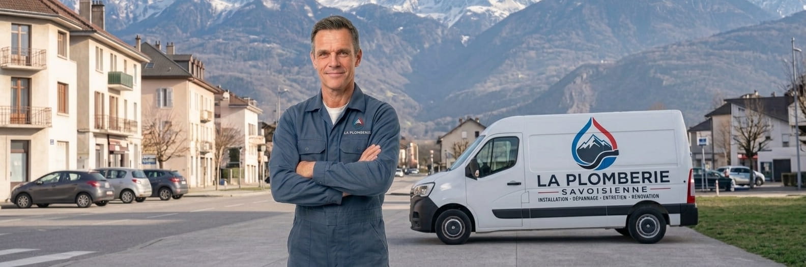 Plombier devant son camion et les montagnes savoyardes.