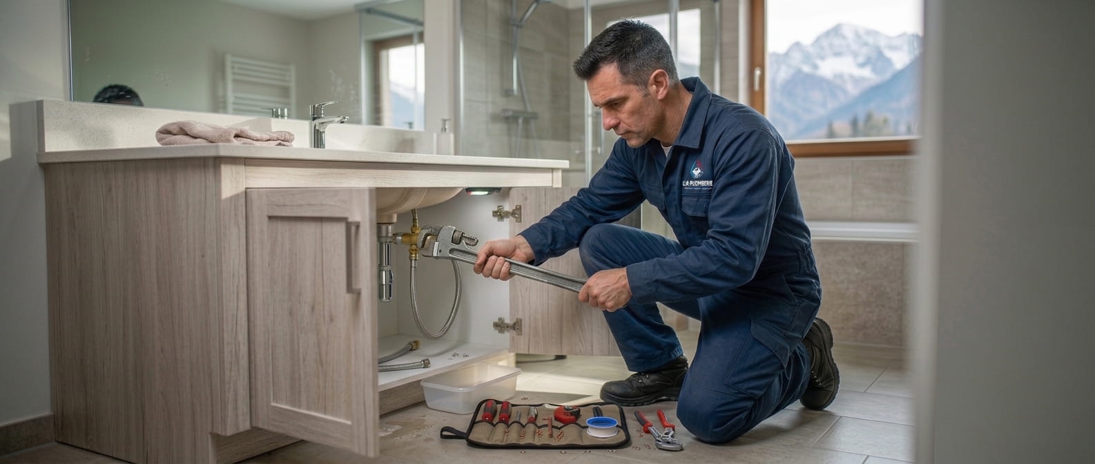Plombier intervenant sur une installation sanitaire dans une salle de bain en Savoie.
